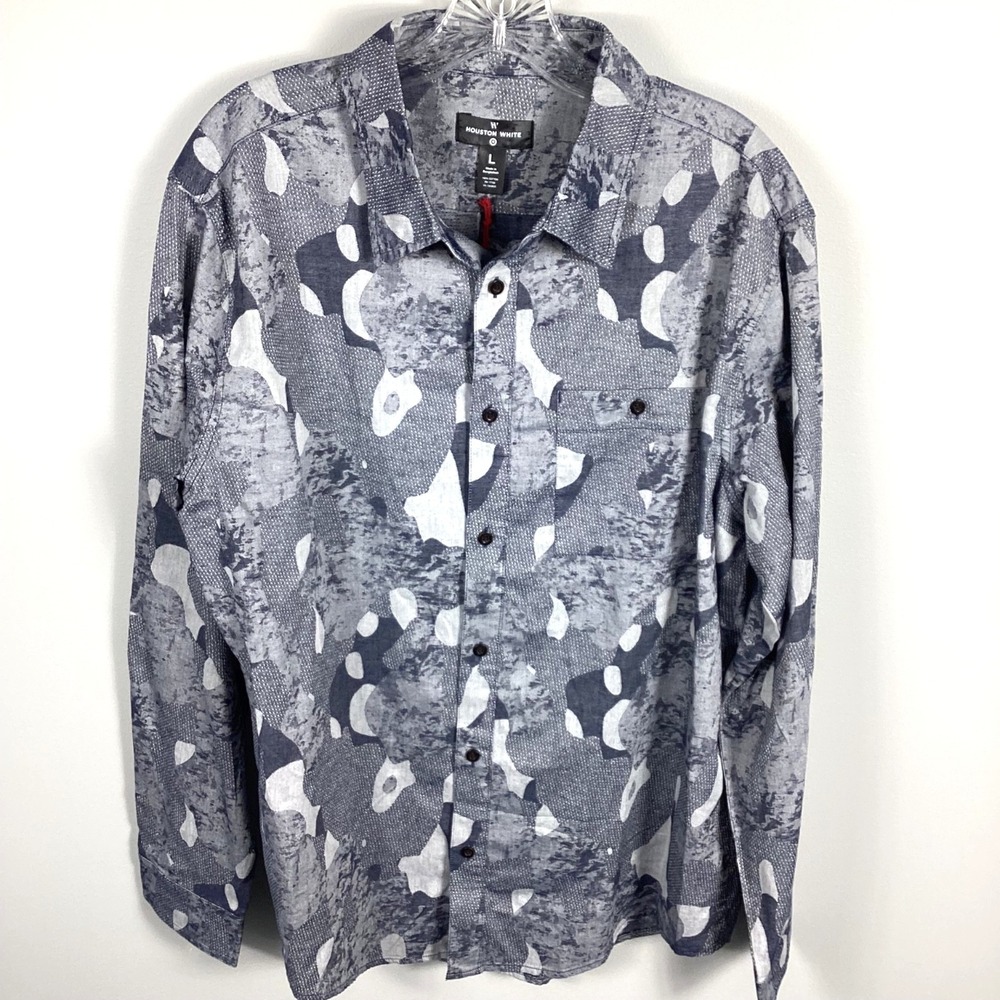 NWT Houston White Mens Size L Blue Camouflage Long‎ Sleeve Button Up Shirt Retro